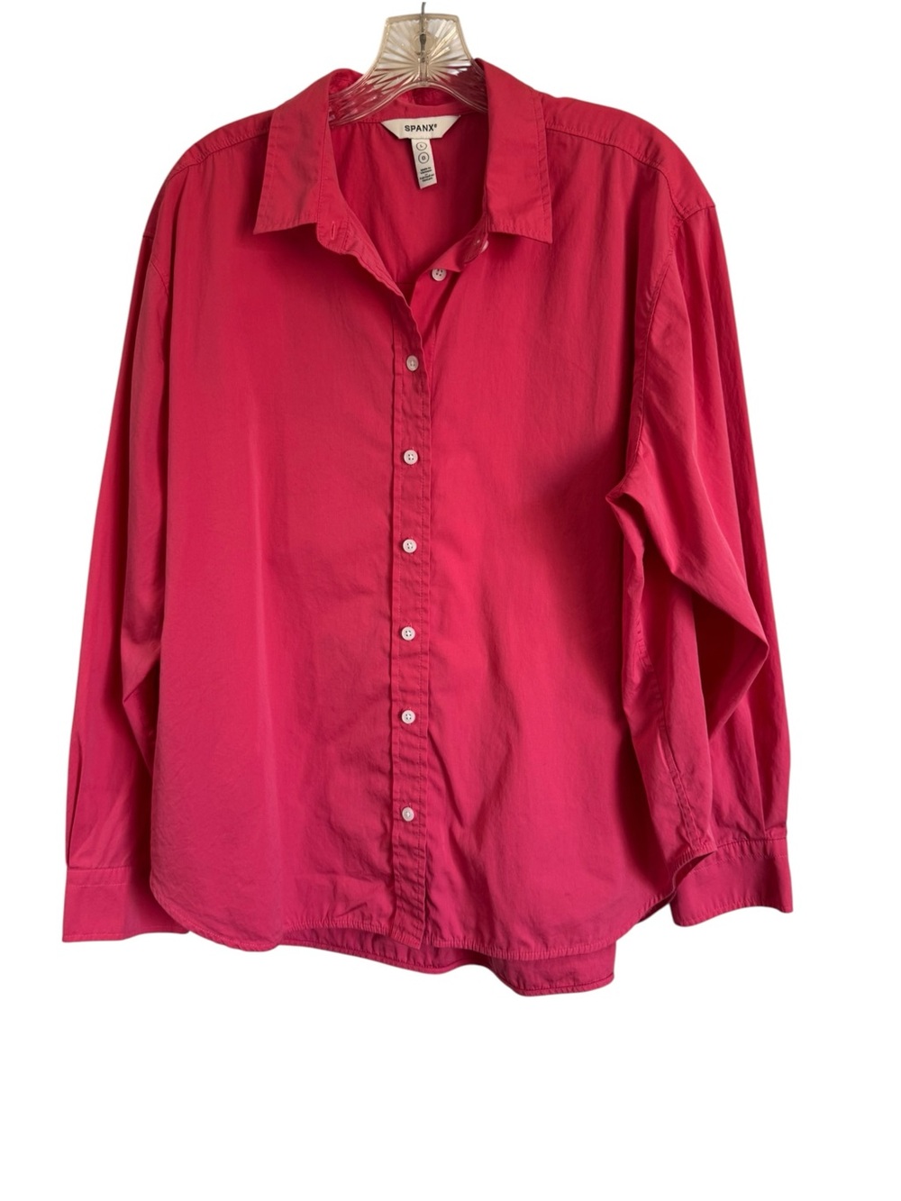 Spanx Poplin Cotton Button Up Long Sleeve Shirt Blouse in Pink Oversized Large
